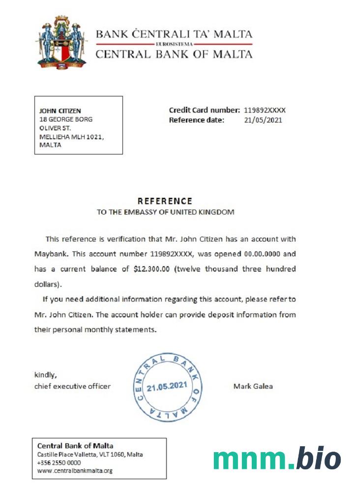 Przykład odniesienia Malta Central Bank of Malta w formatach Word i PDF